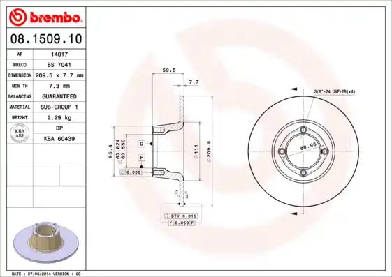 Plaats Bestelling Remschijven Brembo 08.1509.10