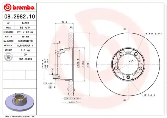 Remschijven Brembo 08.2982.10 Rechtstreeks Van De Fabrikant