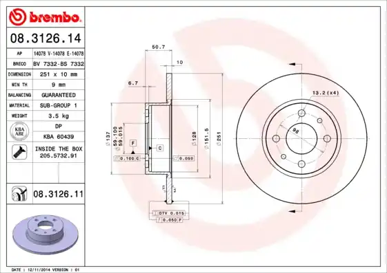 Remschijven Brembo 08.3126.14 Geld-Terug-Garantie