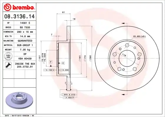 Remschijven Brembo 08.3136.14 Fabrieksprijs
