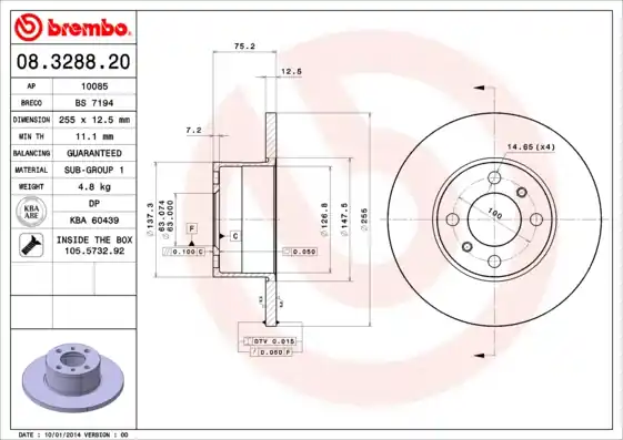 Remschijven Brembo 08.3288.20 Origineel