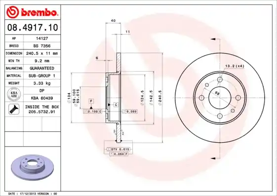 Remschijven Brembo 08.4917.10 Gecertificeerd