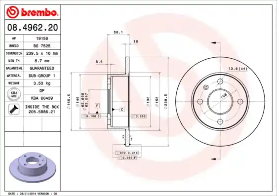 Remschijven Brembo 08.4962.20 Tijdelijk Beschikbaar