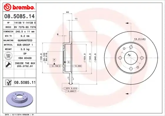 Remschijven Brembo 08.5085.11 Rechtstreeks Van De Fabrikant