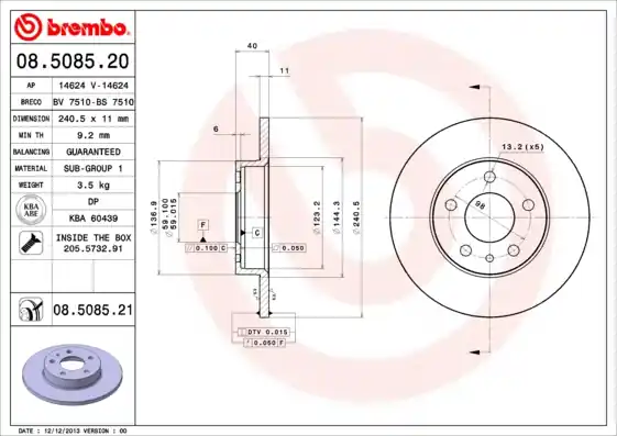 Remschijven Brembo 08.5085.21 Professioneel