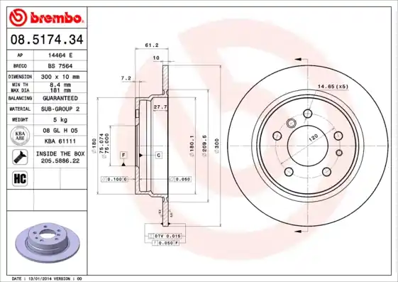 Remschijven Brembo 08.5174.34 Garantie Inbegrepen