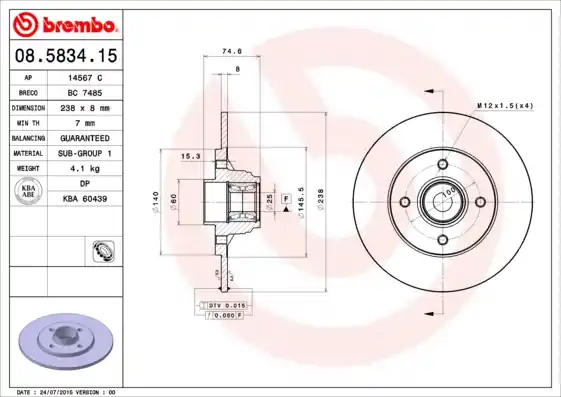 Remschijven Brembo 08.5834.15 Geld-Terug-Garantie