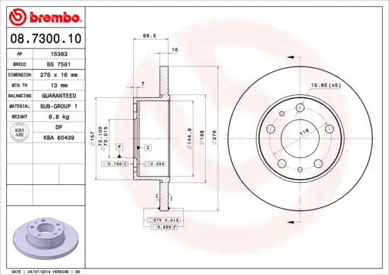 Remschijven Brembo 08.7300.10 Koop Vandaag
