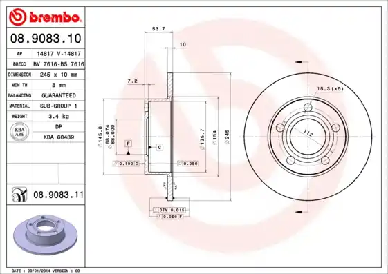 Remschijven Brembo 08.9083.11 Koop Vandaag