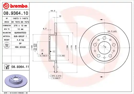 Remschijven Brembo 08.9364.11 Geld-Terug-Garantie