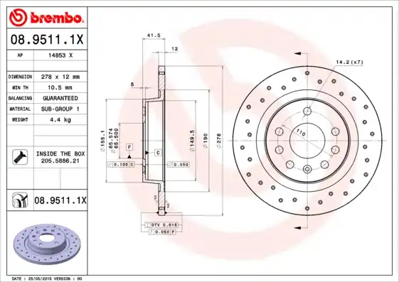 Remschijven Brembo 08.9511.1X Wereldwijde Verzending