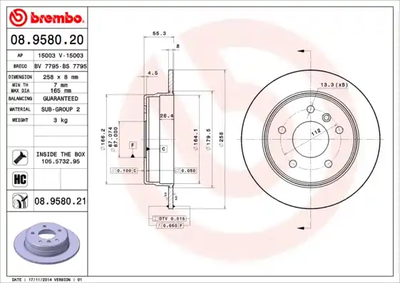 Remschijven Brembo 08.9580.20 Origineel
