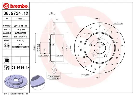 Remschijven Brembo 08.9734.1X Garantie Inbegrepen