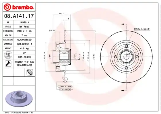 Remschijven Brembo 08.A141.17 Flitsaanbieding