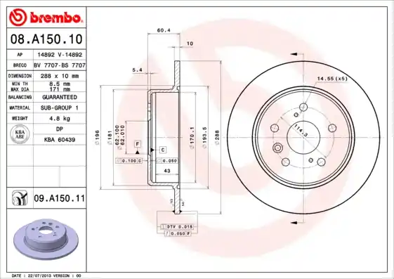 Remschijven Brembo 08.A150.11 Actieprijs
