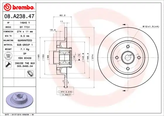 Remschijven Brembo 08.A238.47 Op = Op