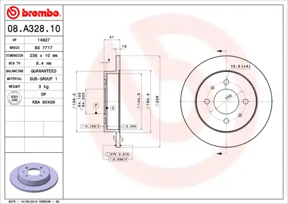 Remschijven Brembo 08.A328.10 Uitverkoop
