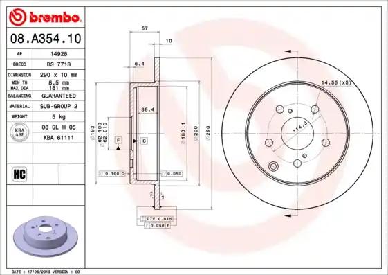 Remschijven Brembo 08.A354.10 Rechtstreeks Van De Fabrikant
