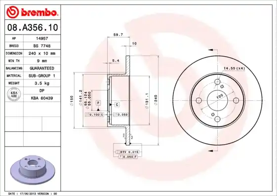 Remschijven Brembo 08.A356.10 Origineel