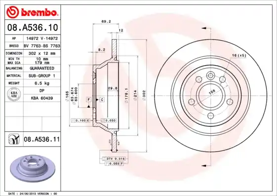 Remschijven Brembo 08.A536.11 Authentiek