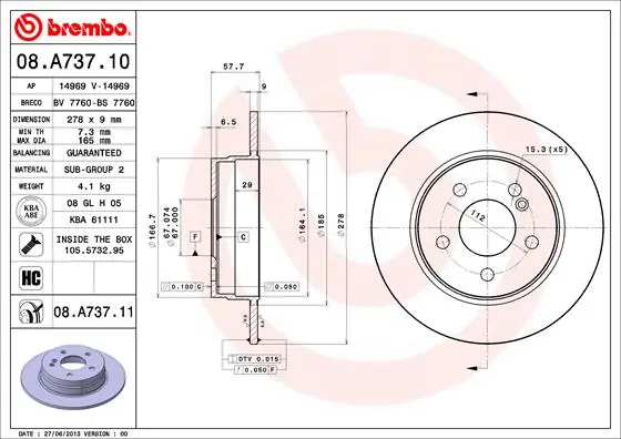 Remschijven Brembo 08.A737.11 Uitverkoop