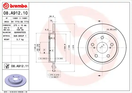 Remschijven Brembo 08.A912.11 Authentiek