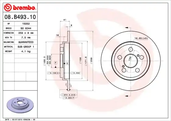 Remschijven Brembo 08.B493.10 Op = Op