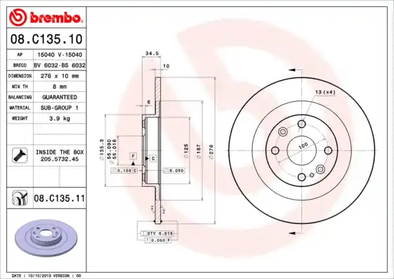 Remschijven Brembo 08.C135.11 Nieuwe Collectie