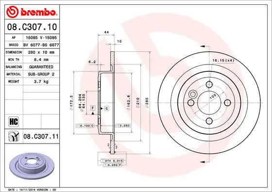 Remschijven Brembo 08.C307.11 Finale Uitverkoop
