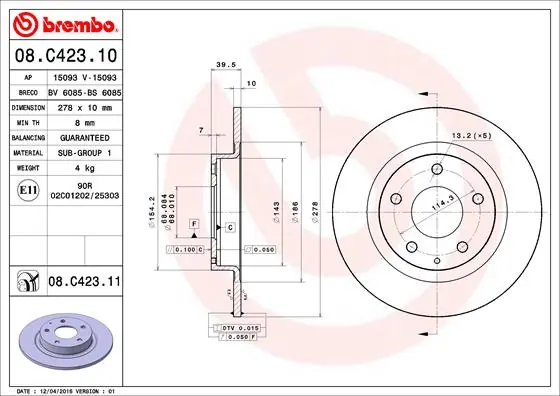 Remschijven Brembo 08.C423.11 Op = Op