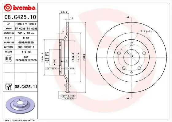 Remschijven Brembo 08.C425.11 Bestseller