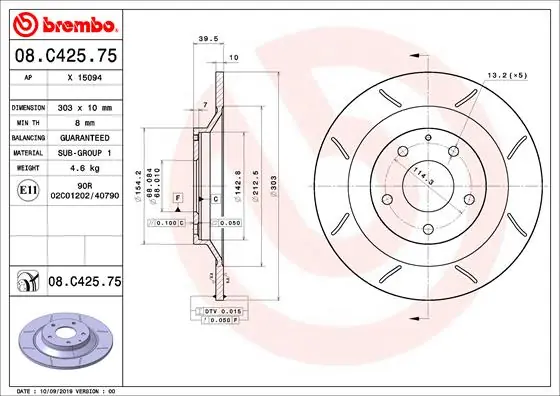 Remschijven Brembo 08.C425.75 Rechtstreeks Van De Fabrikant