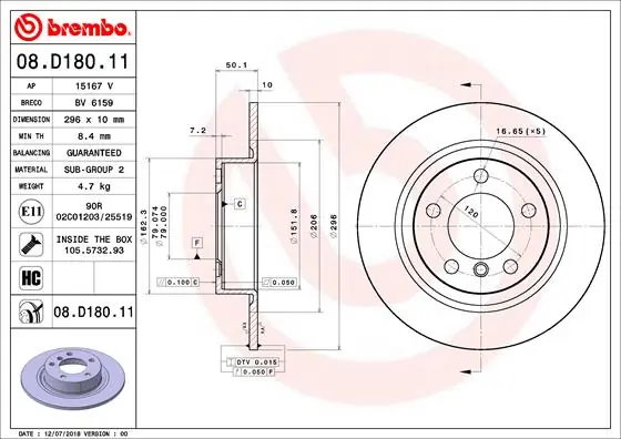 Remschijven Brembo 08.D180.11 Nieuw Model