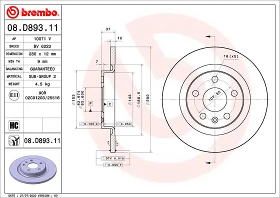 Remschijven Brembo 08.D893.11 Veilige Betaling