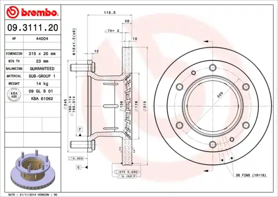 Remschijven Brembo 09.3111.20 Garantie Inbegrepen