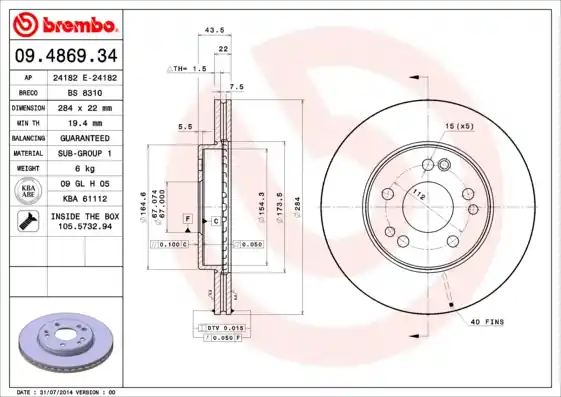 Remschijven Brembo 09.4869.34 Fabrieksprijs