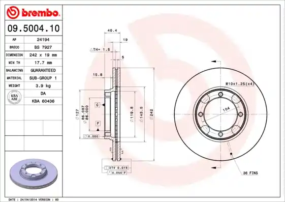Remschijven Brembo 09.5004.10 Uitverkoop