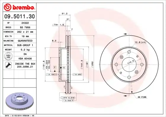Remschijven Brembo 09.5011.30 Exclusief