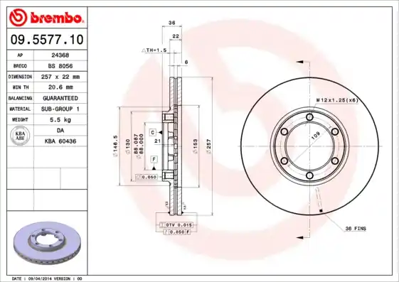 Remschijven Brembo 09.5577.10 Beperkte Voorraad