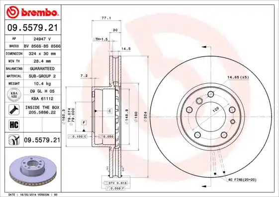 Remschijven Brembo 09.5579.21 Gratis Retour