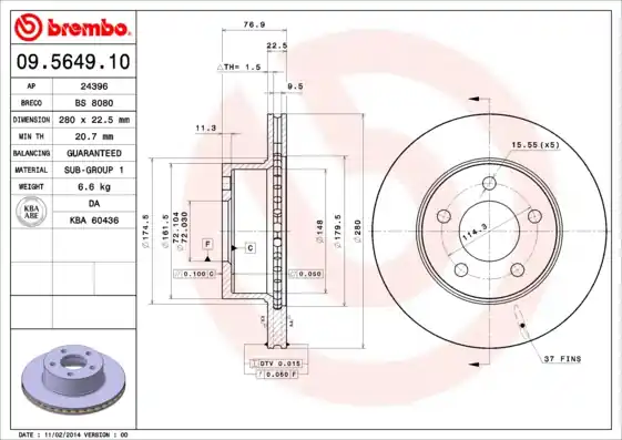 Remschijven Brembo 09.5649.10 Authentiek