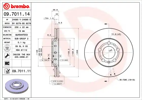 Remschijven Brembo 09.7011.14 Uitverkoop