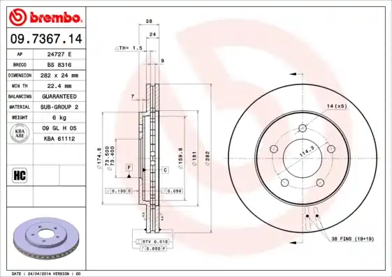 Geld-Terug-Garantie Remschijven Brembo 09.7367.14