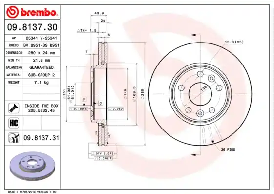 Remschijven Brembo 09.8137.31 Superprijs