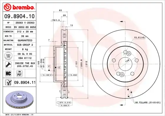 Remschijven Brembo 09.8904.11 Groothandel