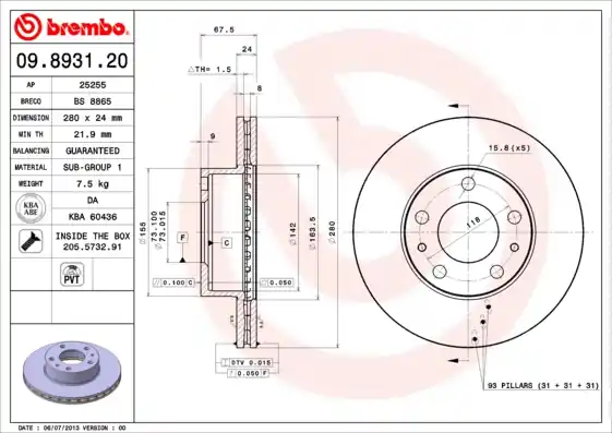 Remschijven Brembo 09.8931.21 Korting