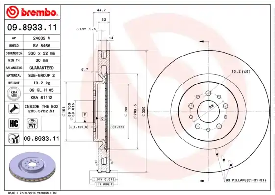 Ambachtelijk Remschijven Brembo 09.8933.11