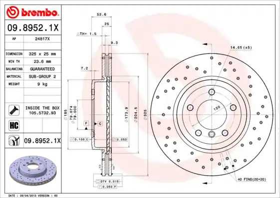 Remschijven Brembo 09.8952.1X Exclusief