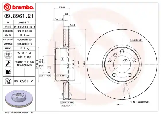 Remschijven Brembo 09.8961.21 Plaats Bestelling