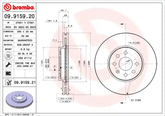 Remschijven Brembo 09.9159.21 Groothandel
